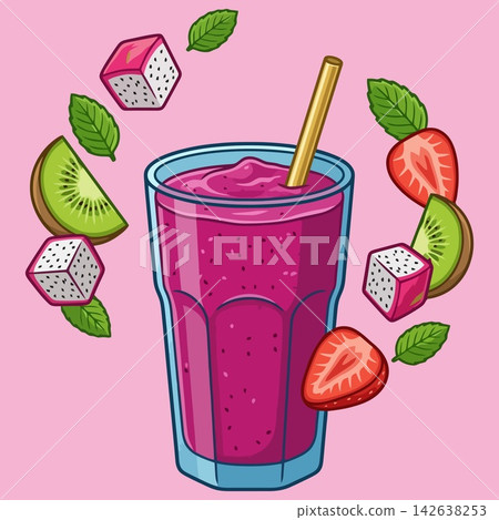 vector illustration of tall glass with pink smoothie, dragon fruit, kiwi, strawberry, mint leaves, and golden straw, commercial stock vector banner mockup vector illustration of tall glass with pink smoothie, dragon fruit, kiwi, strawberry, mint leaves, and golden straw, commercial stock vector banner mockup 142638253