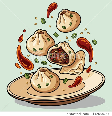 vector illustration of steamed dim sum or dumplings on a plate with chili oil sauce and green onions, commercial stock vector banner mockup vector illustration of steamed dim sum or dumplings on a plate with chili oil sauce and green onions, commercial stock vector banner mockup 142638254