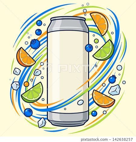vector illustration of tall aluminum can beverage mockup with fresh orange slices, lime, blueberries, ice cubes, and splash, commercial stock banner vector illustration of tall aluminum can beverage mockup with fresh orange slices, lime, blueberries, ice cubes, and splash, commercial stock banner 142638257