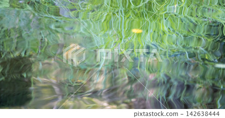 圖片素材描繪了森林的蔥鬱綠意、清澈的溪流以及夏日色彩倒映在水面上的景象。 圖片素材描繪了森林的蔥鬱綠意、清澈的溪流以及夏日色彩倒映在水面上的景象。 142638444