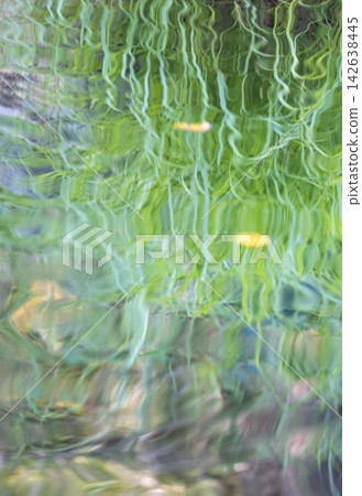 圖片素材描繪了森林的蔥鬱綠意、清澈的溪流以及夏日色彩倒映在水面上的景象。 142638445