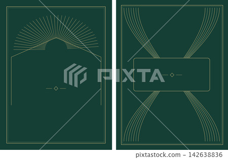 Elegant dark green stationery card templates featuring golden minimalist line art motifs Elegant dark green stationery card templates featuring golden minimalist line art motifs 142638836