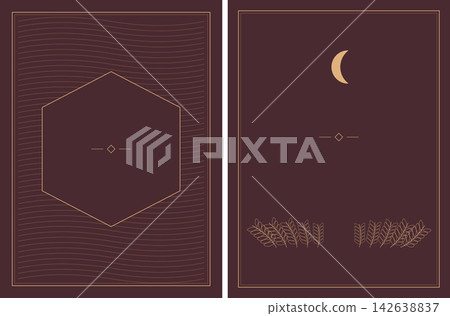 Elegant dark red cover template with golden geometric frame and nature elements 142638837