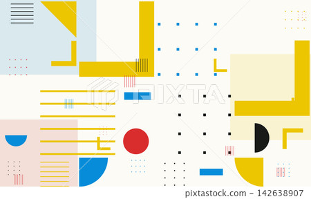 Minimalist yellow and blue geometric shapes layout on clean off-white background pattern Minimalist yellow and blue geometric shapes layout on clean off-white background pattern 142638907