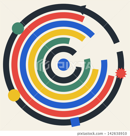Modern abstract circular path illustration with colorful lines and basic geometric shapes Modern abstract circular path illustration with colorful lines and basic geometric shapes 142638910