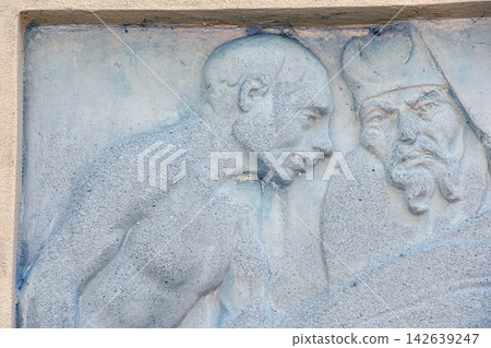 Nitra, Slovakia - May 27, 2024: Close Detail of the VII Station Showing Jesus and a Soldier Nitra, Slovakia - May 27, 2024: Close Detail of the VII Station Showing Jesus and a Soldier 142639247