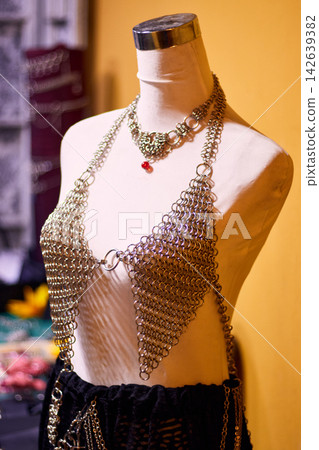 Mannequin dressed in fashionable, very sensual clothing, complete with details, jewelry, and accessories. Ready to wear or displayed to the public for dressing up and personalization. Mannequin dressed in fashionable, very sensual clothing, complete with details, jewelry, and accessories. Ready to wear or displayed to the public for dressing up and personalization. 142639382