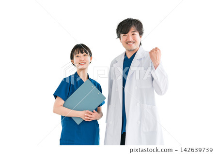 A doctor and a nurse smiling and giving a thumbs-up. A cutout image of two people working in a medical setting. A doctor and a nurse smiling and giving a thumbs-up. A cutout image of two people working in a medical setting. 142639739