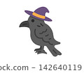 An illustration of a crow wearing a witch's hat. 142640119