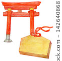 Hand-drawn watercolor illustration: Torii gate and ema (votive tablet). 142640868