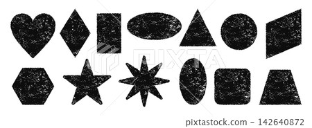 Grunge geometric shape set drawn crayon charcoal rough grainy texture childish pastel chalk forms 142640872
