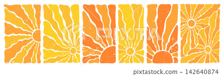 Retro boho groovy sun collection colorful psychedelic sunburst wavy rays funky hippie shapes design Retro boho groovy sun collection colorful psychedelic sunburst wavy rays funky hippie shapes design 142640874