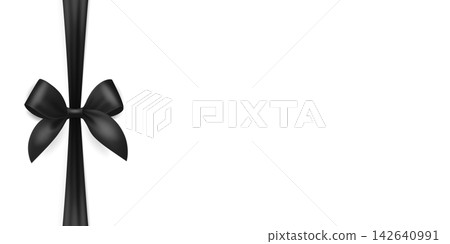 Black Silk Ribbon with Bow, Vector Illustration. Elegant Vertical Satin Gift Ribbon and Decorative Bow on Horizontal White Background. Holiday Present Packaging, Christmas Decoration 142640991
