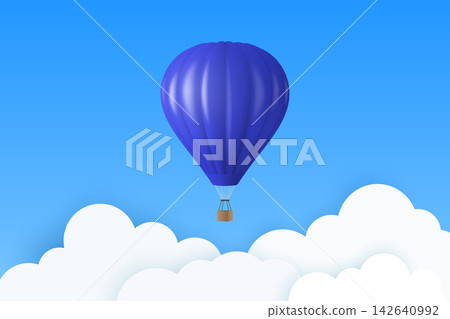 Vector Travel Banner with 3d Realistic Black and Blue Hot Air Balloon Icon on a Blue Sky Background. Design Template, Summer Vacation, Travelling, Tourism and Journey Concept Vector Travel Banner with 3d Realistic Black and Blue Hot Air Balloon Icon on a Blue Sky Background. Design Template, Summer Vacation, Travelling, Tourism and Journey Concept 142640992
