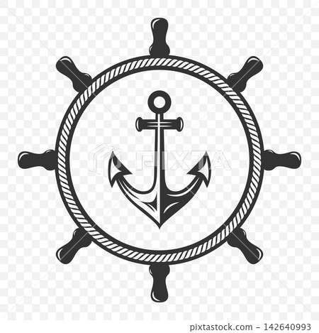 Nautical Anchor and Ship Wheel Emblem, Vector Illustration. Black and White Marine Steering Wheel with Anchor Inside Round Rope Frame. Vintage Sea Travel Symbol. Sailor Maritime Badge. Ocean Logo Nautical Anchor and Ship Wheel Emblem, Vector Illustration. Black and White Marine Steering Wheel with Anchor Inside Round Rope Frame. Vintage Sea Travel Symbol. Sailor Maritime Badge. Ocean Logo 142640993