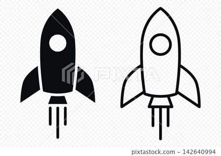 Rocket Icon Set, Vector Illustration. Black Silhouette and Outline Space Rockets. Startup Launch Symbol, Spacecraft, Spaceship. Business Growth, Innovation, Project Launch, Technology Concept 142640994