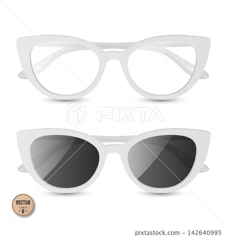 Cat Eye Glasses Vector Illustration. 3d White Cat Eye Glasses and Cat Eye Sunglasses Set. Retro Women Eyewear Illustration with Clear Lenses and Dark Shades. Fashion Accessory Isolated Cat Eye Glasses Vector Illustration. 3d White Cat Eye Glasses and Cat Eye Sunglasses Set. Retro Women Eyewear Illustration with Clear Lenses and Dark Shades. Fashion Accessory Isolated 142640995