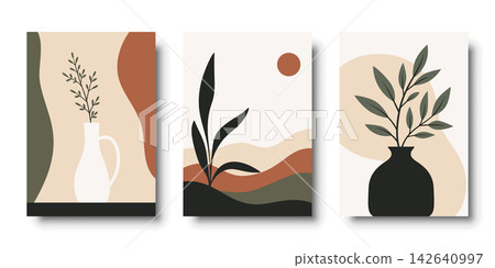 Abstract Wall Art Set, Vector Illustration. Boho Wall Art Prints. Minimal Wall Art Posters with Botanical Vase, Leaves, Terracotta Shapes. Modern Abstract Printable Artwork Collection Abstract Wall Art Set, Vector Illustration. Boho Wall Art Prints. Minimal Wall Art Posters with Botanical Vase, Leaves, Terracotta Shapes. Modern Abstract Printable Artwork Collection 142640997