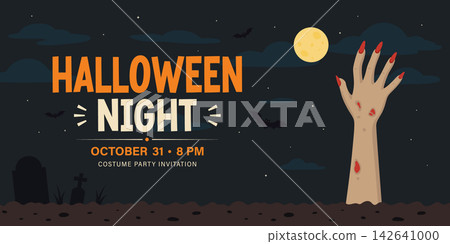 Halloween Invitation Vector Illustration. Halloween Party Banner. Halloween Night Poster with Zombie Hand, Moon, Bats, Graveyard. Spooky October Event Flyer for Costume Party, Holiday Celebration Halloween Invitation Vector Illustration. Halloween Party Banner. Halloween Night Poster with Zombie Hand, Moon, Bats, Graveyard. Spooky October Event Flyer for Costume Party, Holiday Celebration 142641000