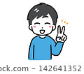 A young man in casual clothes smiles and makes a peace sign. 142641352