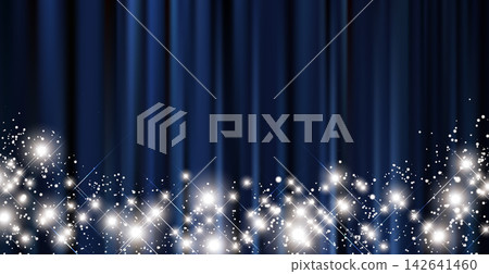 Sparkling light and navy blue curtains – a luxurious background. Sparkling light and navy blue curtains – a luxurious background. 142641460