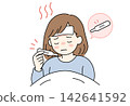 A woman with a high fever checks her thermometer in bed. 142641592