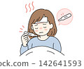 A woman with a high fever checks her thermometer in bed. 142641593