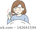 A woman with a high fever checks her thermometer in bed. 142641594
