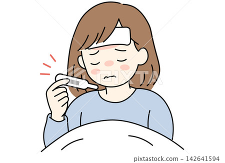 A woman with a high fever checks her thermometer in bed. A woman with a high fever checks her thermometer in bed. 142641594
