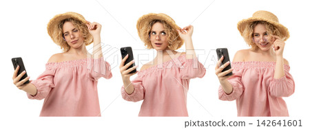 Woman poses with smartphone and keeps adjusting her hat, isolated, PNG Woman poses with smartphone and keeps adjusting her hat, isolated, PNG 142641601