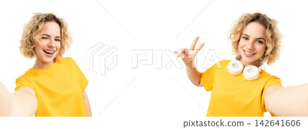 Young woman with headphones and without takes a selfie, isolated, PNG Young woman with headphones and without takes a selfie, isolated, PNG 142641606