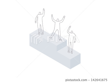 A set of simple isometric illustrations of a podium and hand-drawn figures (grayscale). A set of simple isometric illustrations of a podium and hand-drawn figures (grayscale). 142641675