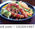 Jumbo sausage on a sizzling hot plate 142641987
