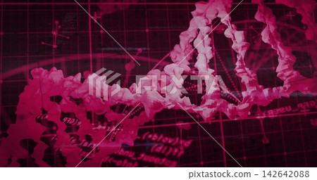 Dominating stylized DNA helix running diagonally in digital research visualization, with grid nodes Dominating stylized DNA helix running diagonally in digital research visualization, with grid nodes 142642088