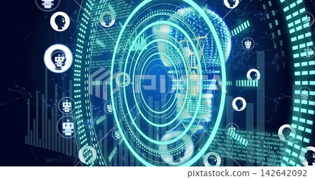 Displaying concentric HUD rings rotating and pulsing in dashboard, with robot icons, bar charts 142642092