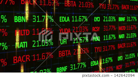 Displaying ticker on trading screen showing alphanumeric-tickers, % grid-blue guides, amber streaks Displaying ticker on trading screen showing alphanumeric-tickers, % grid-blue guides, amber streaks 142642094