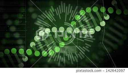 Animating DNA-like helix and central radial HUD on monitor dashboard, with currency ticker panel 142642097