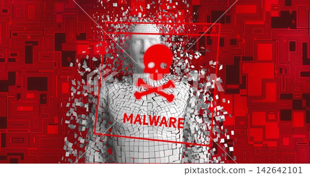 Tiled humanoid shirt crumbling, shedding tiles in red circuit scene with MALWARE frame, skull icon Tiled humanoid shirt crumbling, shedding tiles in red circuit scene with MALWARE frame, skull icon 142642101