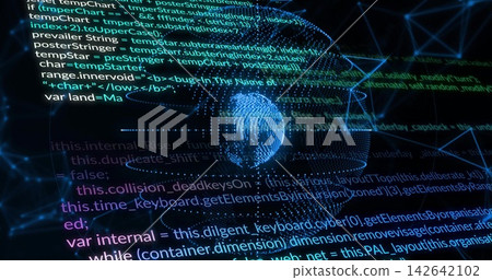 Rotating dotted globe intersecting wireframe network on dark virtual canvas, with code text Rotating dotted globe intersecting wireframe network on dark virtual canvas, with code text 142642102