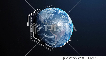 Floating planet Earth showing South America and cloud bands in space, with hexagonal HUD crosshair Floating planet Earth showing South America and cloud bands in space, with hexagonal HUD crosshair 142642110