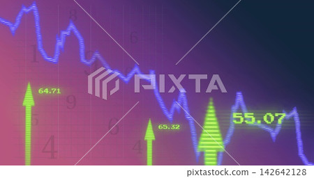 Displaying neonblue jagged line plot trending down with spikes on display labeled 64 142642128