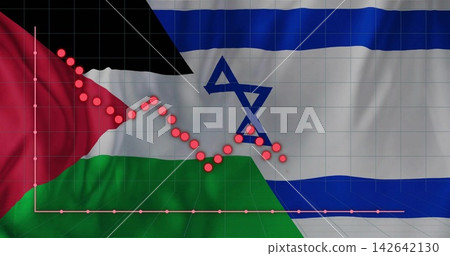 Displaying Palestinian and Israeli flags in studio, showing descending red markers over faint grid Displaying Palestinian and Israeli flags in studio, showing descending red markers over faint grid 142642130