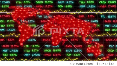 Displaying stylized red world map across trading screen, showing glowing tickers and yellow charts Displaying stylized red world map across trading screen, showing glowing tickers and yellow charts 142642138