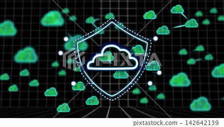 Glowing neon shield showing dotted strokes and cloud icon in black grid, linking cloud nodes Glowing neon shield showing dotted strokes and cloud icon in black grid, linking cloud nodes 142642139