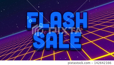 Displaying large blue 3D text 'FLASH SALE' on neon grid as neon banner, with yellow lines Displaying large blue 3D text 'FLASH SALE' on neon grid as neon banner, with yellow lines 142642166