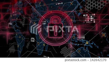 Displaying neon red padlock icon glowing over virtual network grid, showing global map and nodes Displaying neon red padlock icon glowing over virtual network grid, showing global map and nodes 142642170