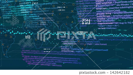 Displaying centered world map overlaying teal grid, showing code, hex patterns, teal dot band Displaying centered world map overlaying teal grid, showing code, hex patterns, teal dot band 142642182