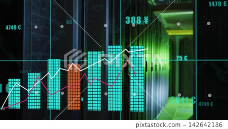 Displaying data viz overlaying datacenter aisle, turquoise bars with orange highlight, dual trends Displaying data viz overlaying datacenter aisle, turquoise bars with orange highlight, dual trends 142642186