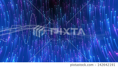 Streaming vertical luminous streaks moving in abstract environment, with dotted waveform ribbon Streaming vertical luminous streaks moving in abstract environment, with dotted waveform ribbon 142642191