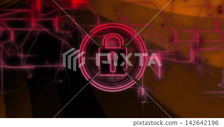Glowing padlock pulsing inside concentric rings on cybersecurity dashboard, magenta circuits Glowing padlock pulsing inside concentric rings on cybersecurity dashboard, magenta circuits 142642196